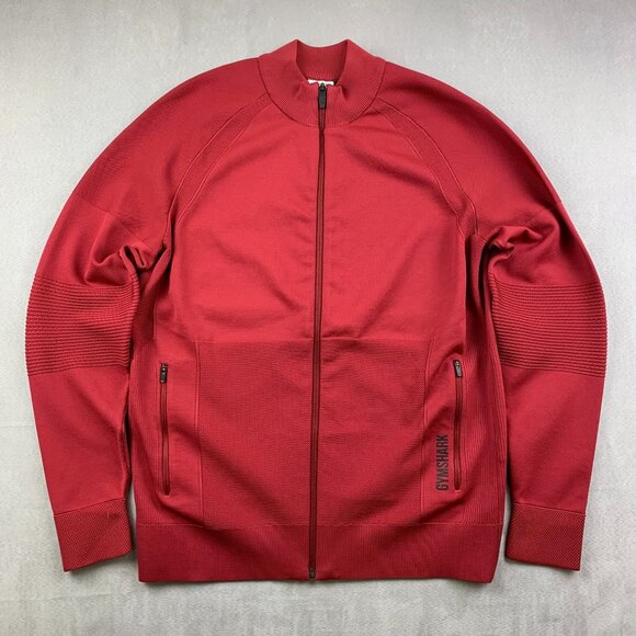 Gymshark Mens Sweater Jacket Medium Red Full Zip Long Sleeve Performance Workout - Picture 1 of 8